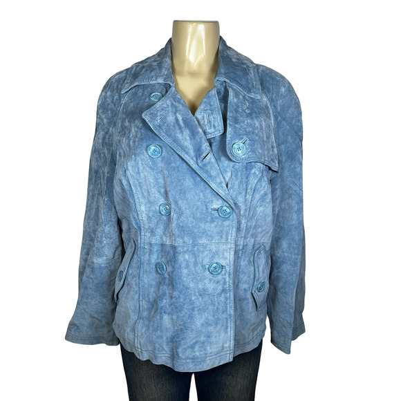 Terry Lewis Leather Jacket Womens Large Blue Suede Double Breasted Peacoat Lined - Picture 1 of 12
